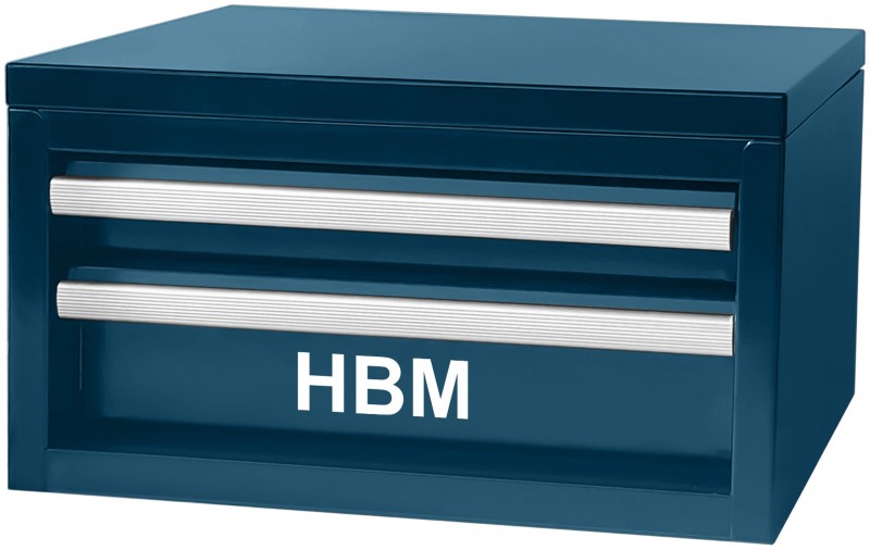 HBM mini skuffekasse blå aluminium 2 skuffer 275 x 150 x 150 mm fyldt