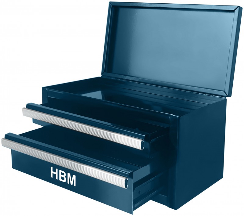 HBM mini skuffekasse blå aluminium 2 skuffer 275 x 150 x 150 mm fyldt