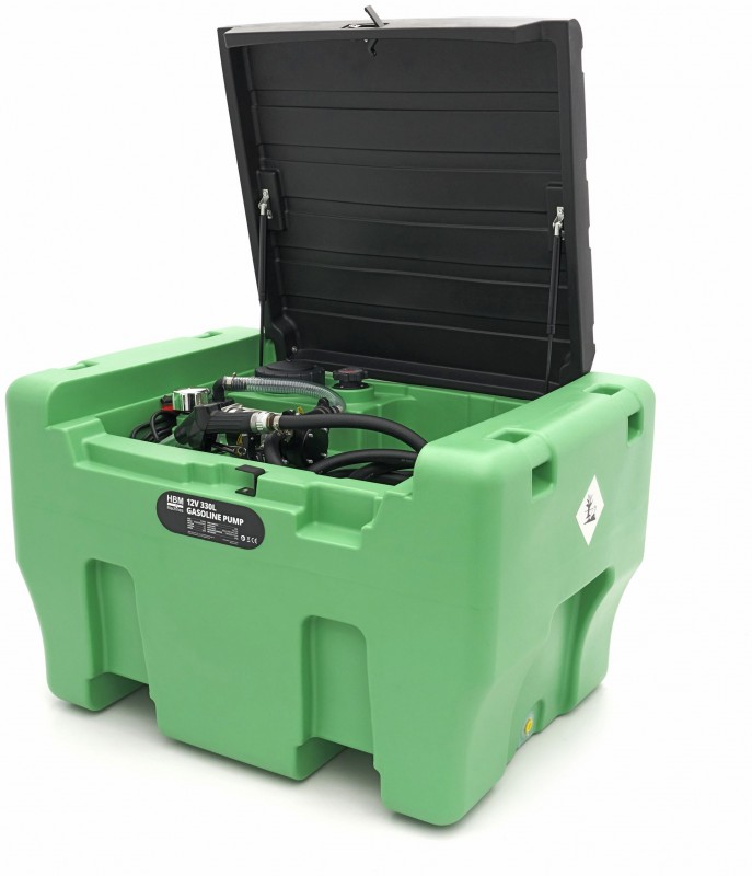 HBM benzinepomp met tank en deksel 330 liter, 12 V, diesel en benzine, 57 l/min
