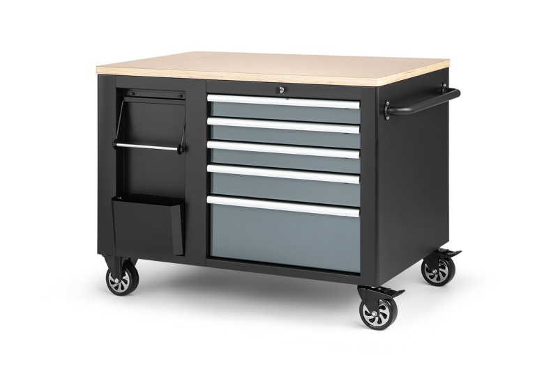 HBM verrijdbare gereedschapswagen werkbank 114 cm, 5 laden, houten werkblad, 250 kg, zwart/grijs