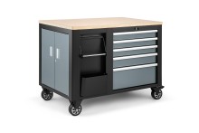 HBM verrijdbare gereedschapswagen werkbank 114 cm, 5 laden, houten werkblad, 250 kg, zwart/grijs