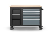 HBM verrijdbare gereedschapswagen werkbank 114 cm, 5 laden, houten werkblad, 250 kg, zwart/grijs