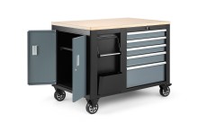 HBM verrijdbare gereedschapswagen werkbank 114 cm, 5 laden, houten werkblad, 250 kg, zwart/grijs