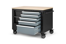 HBM verrijdbare gereedschapswagen werkbank 114 cm, 5 laden, houten werkblad, 250 kg, zwart/grijs