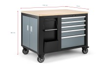 HBM verrijdbare gereedschapswagen werkbank 114 cm, 5 laden, houten werkblad, 250 kg, zwart/grijs
