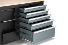 HBM verrijdbare gereedschapswagen werkbank 114 cm, 5 laden, houten werkblad, 250 kg, zwart/grijs