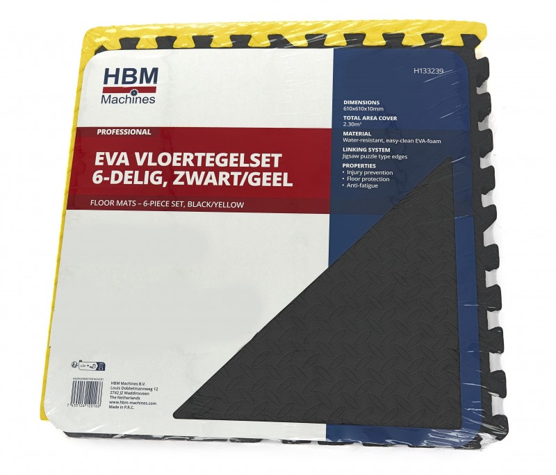 HBM EVA gulvflisesæt 6-delt 61 x 61 x 1 cm gulvbeskyttelse sort/gul, EVA skum. HBM EVA gulvflisesæt 6-delt 61 x 61 x 1 cm gulvbeskyttelse sort/gul, EVA skum.