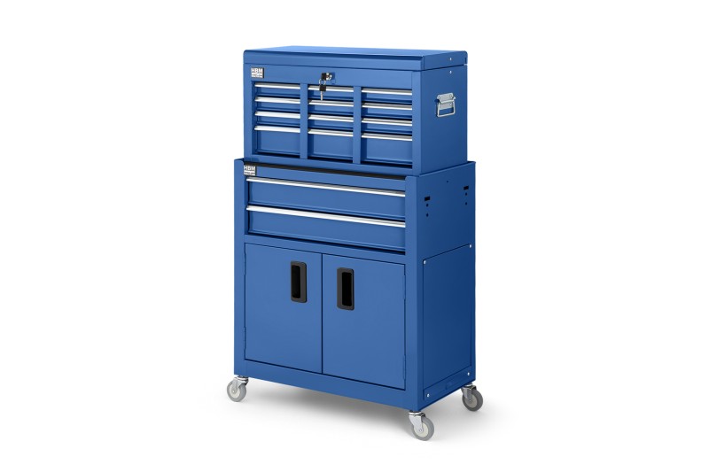 HBM gereedschapswagen met opzetkast, blauw, model 2, 35 kg, 61,6 x 33 x 106,4 cm