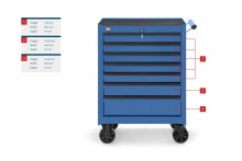 HBM gereedschapswagen gevuld 7 laden blauw 68 x 45,8 x 95 cm, 250 kg draagvermogen
