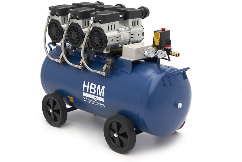HBM olievrije stille compressor 90 liter, low noise, 2250 W, 230 V, 8 bar, verrijdbaar