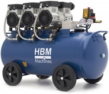 HBM olievrije stille compressor 90 liter, low noise, 2250 W, 230 V, 8 bar, verrijdbaar