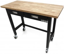 HBM verrijdbare werkbank 122 cm met 2 laden, massief houten werkblad, zwart, 250 kg draagvermogen