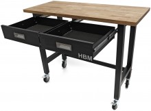 HBM verrijdbare werkbank 122 cm met 2 laden, massief houten werkblad, zwart, 250 kg draagvermogen
