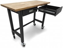 HBM verrijdbare werkbank 122 cm met 2 laden, massief houten werkblad, zwart, 250 kg draagvermogen