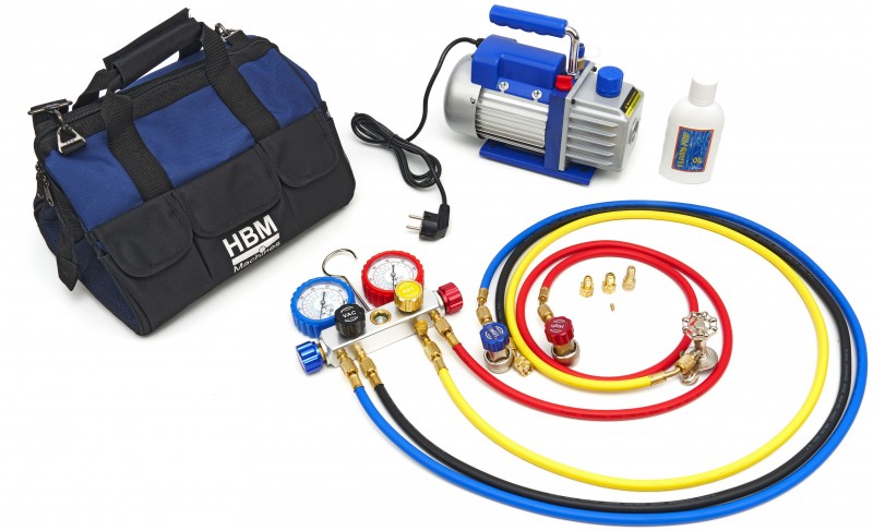 HBM vacuümpomp 1-traps met 2-voudige manometerset 85 liter/minuut 230 V SAE 1/4

