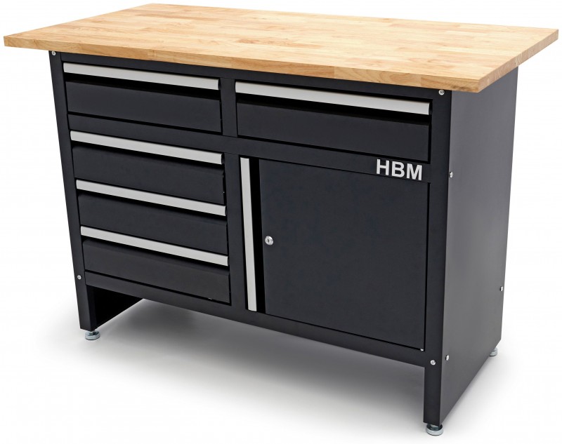 HBM werkbank 120 cm zwart met 5 laden en deur, massief houten werkblad, 250 kg draagvermogen
