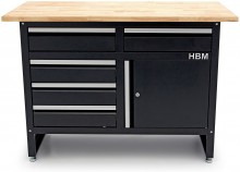 HBM werkbank 120 cm zwart met 5 laden en deur, massief houten werkblad, 250 kg draagvermogen
