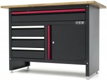 HBM Werkbank 120 cm Zwart met 4 Laden, 1 Deur, Houten Werkblad, 200 kg, 25 mm, 60x120x85 cm