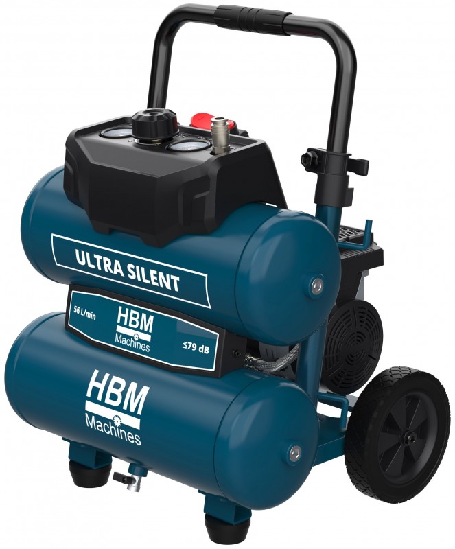 HBM Twin Stack stille compressor, olievrij, 17 liter, 850 W, 11 bar, 160 l/min, verrijdbaar
