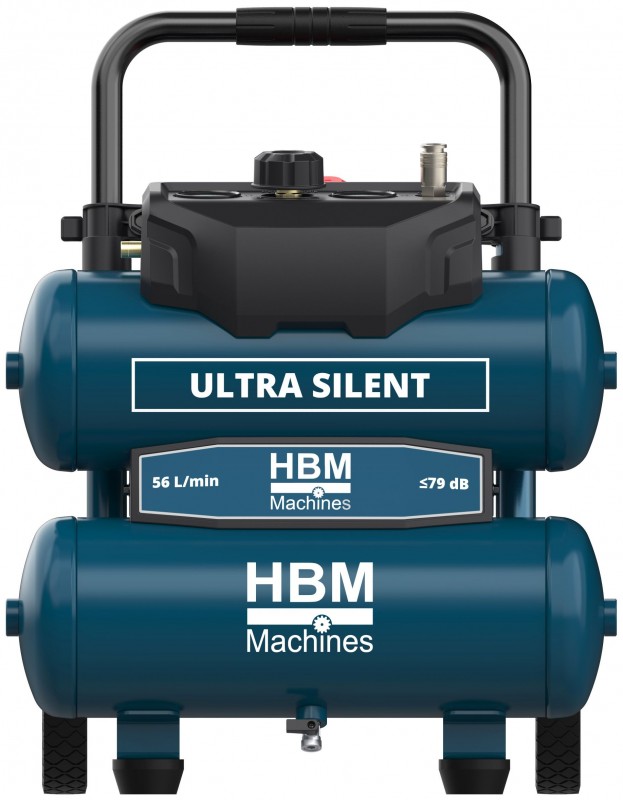HBM Twin Stack stille compressor, olievrij, 17 liter, 850 W, 11 bar, 160 l/min, verrijdbaar
