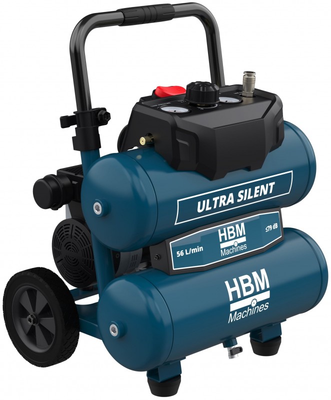 HBM Twin Stack stille compressor, olievrij, 17 liter, 850 W, 11 bar, 160 l/min, verrijdbaar
