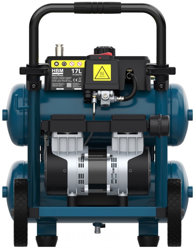 HBM Twin Stack stille compressor, olievrij, 17 liter, 850 W, 11 bar, 160 l/min, verrijdbaar
