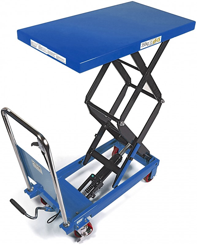 HBM verrijdbare werktafel/heftafel blauw 350 kg, 97 cm hoog