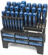 HBM 100-delige soft grip schroevendraaier-, dopsleutel- en bitset met sleuf, hex, Philips, Pozidriv, Torx en binnenvierkant HBM 100-delige soft grip schroevendraaier-, dopsleutel- en bitset met sleuf, hex, Philips, Pozidriv, Torx en binnenvierkant