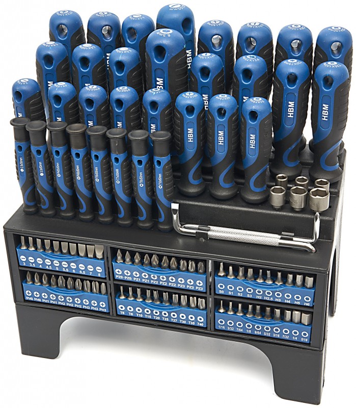 HBM 100-delige soft grip schroevendraaier-, dopsleutel- en bitset met sleuf, hex, Philips, Pozidriv, Torx en binnenvierkant