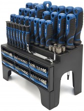 HBM 100-delige soft grip schroevendraaier-, dopsleutel- en bitset met sleuf, hex, Philips, Pozidriv, Torx en binnenvierkant