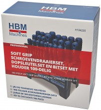 HBM 100-delige soft grip schroevendraaier-, dopsleutel- en bitset met sleuf, hex, Philips, Pozidriv, Torx en binnenvierkant