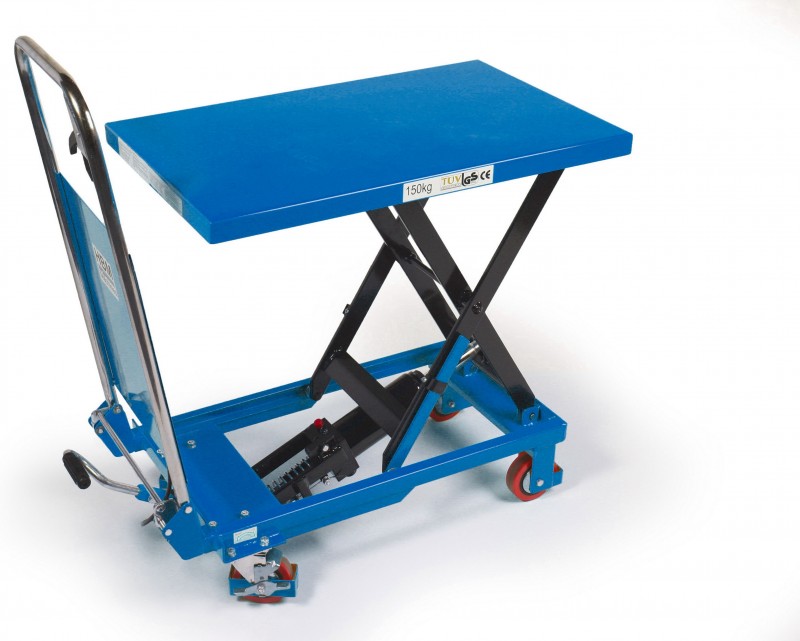 HBM verrijdbare heftafel werktafel 150 kg blauw, wielen 100 mm, 83,4 x 45 x 93,5 cm