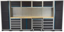 HBM Professional Deluxe modulair werkplaatssysteem 16-delig, staal/houten werkblad, zwart/blauw, 405 x 51 x 204 cm