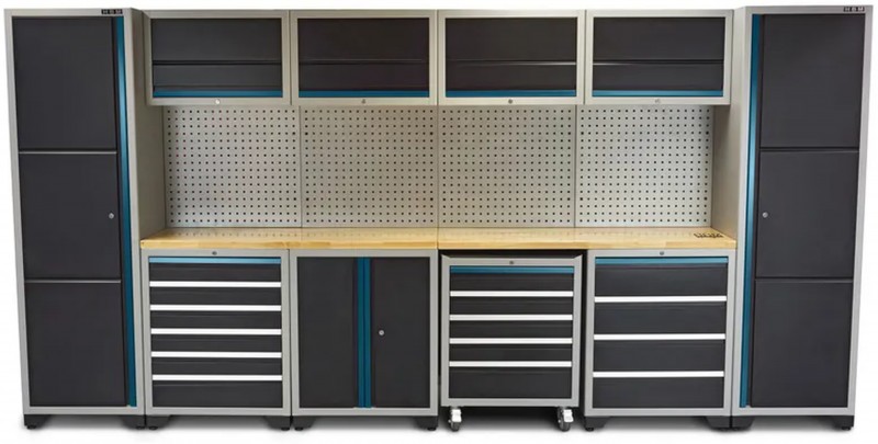 HBM Professional Deluxe modulair werkplaatssysteem 16-delig, staal/houten werkblad, zwart/blauw, 405 x 51 x 204 cm HBM Professional Deluxe modulair werkplaatssysteem 16-delig, staal/houten werkblad, zwart/blauw, 405 x 51 x 204 cm
