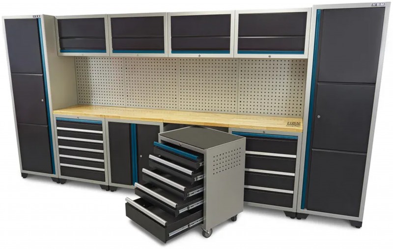 HBM Professional Deluxe modulair werkplaatssysteem 16-delig, staal/houten werkblad, zwart/blauw, 405 x 51 x 204 cm HBM Professional Deluxe modulair werkplaatssysteem 16-delig, staal/houten werkblad, zwart/blauw, 405 x 51 x 204 cm