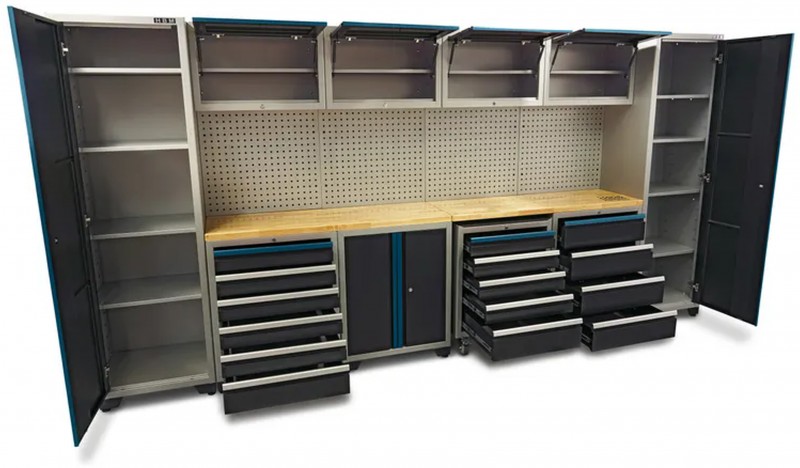 HBM Professional Deluxe modulair werkplaatssysteem 16-delig, staal/houten werkblad, zwart/blauw, 405 x 51 x 204 cm HBM Professional Deluxe modulair werkplaatssysteem 16-delig, staal/houten werkblad, zwart/blauw, 405 x 51 x 204 cm