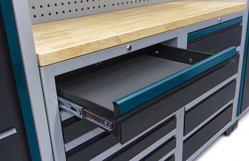 HBM Professional Deluxe modulair werkplaatssysteem 16-delig, staal/houten werkblad, zwart/blauw, 405 x 51 x 204 cm HBM Professional Deluxe modulair werkplaatssysteem 16-delig, staal/houten werkblad, zwart/blauw, 405 x 51 x 204 cm