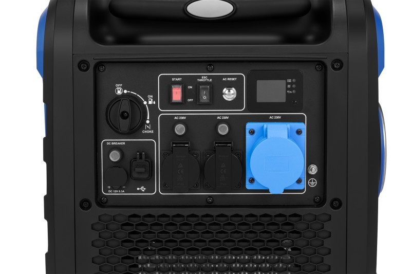 HBM inverter generator 327 cc benzinmotor 230V 6500W elektrisk start, kørtbar, 3 stikkontakter, USB-A/USB-C HBM inverter generator 327 cc benzinmotor 230V 6500W elektrisk start, kørtbar, 3 stikkontakter, USB-A/USB-C