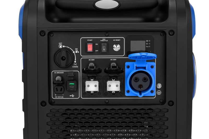HBM inverter generator 327 cc benzinmotor 230V 6500W elektrisk start, kørtbar, 3 stikkontakter, USB-A/USB-C HBM inverter generator 327 cc benzinmotor 230V 6500W elektrisk start, kørtbar, 3 stikkontakter, USB-A/USB-C