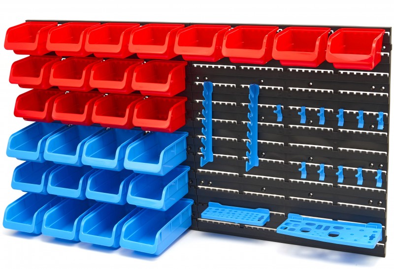 HBM gereedschapswand met opbergbakken 43-delig - 11 ophanghaken, 28 hangbakken, 100 x 73 x 215 cm