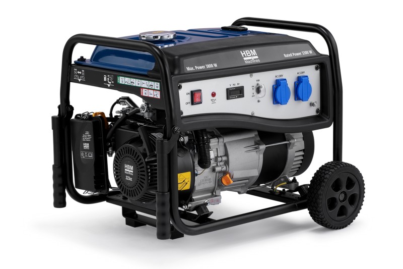 HBM aggregaat 223 cc benzinegenerator 230V 3,8 kW, 4-takt OHV, trekstart, 2 stopcontacten, verrijdbaar

