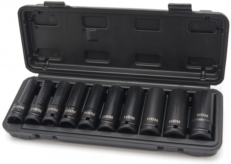 HBM 10-delige diepe krachtdoppenset 1/2 inch metrische zeskant met opbergkoffer