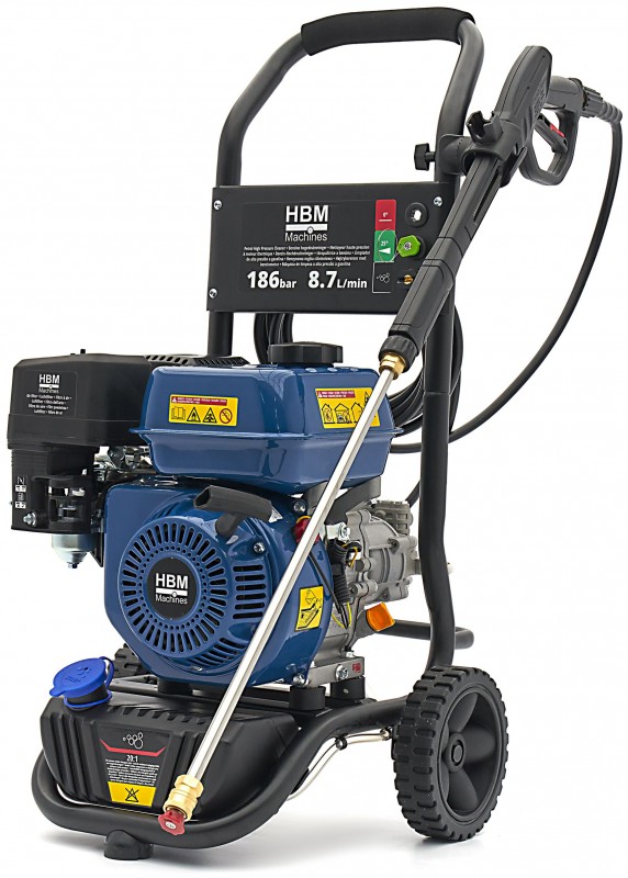 HBM benzine hogedrukreiniger 186 bar 8,7 l/min 196 cc 4-takt trekstart 7,6 m slang
