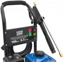HBM benzine hogedrukreiniger 186 bar 8,7 l/min 196 cc 4-takt trekstart 7,6 m slang
