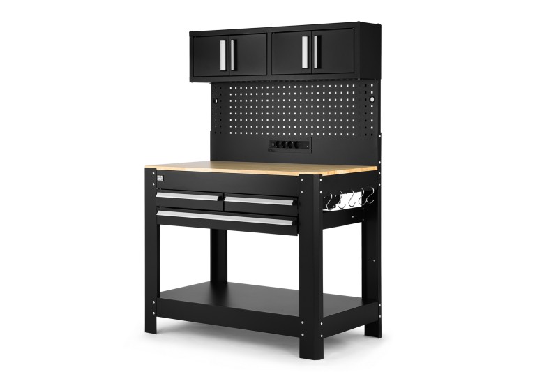 HBM werkbank 114 cm met 3 laden, kastenwand en achterwand, zwart