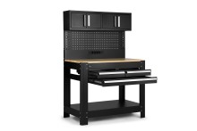 HBM werkbank 114 cm met 3 laden, kastenwand en achterwand, zwart