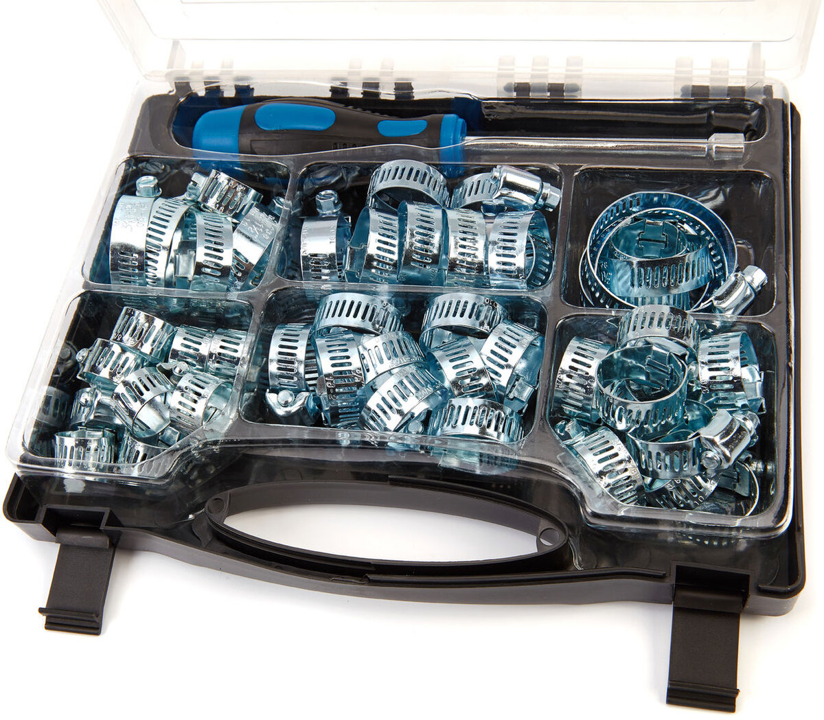 HBM 50-piece hose clamp assortment including socket wrench