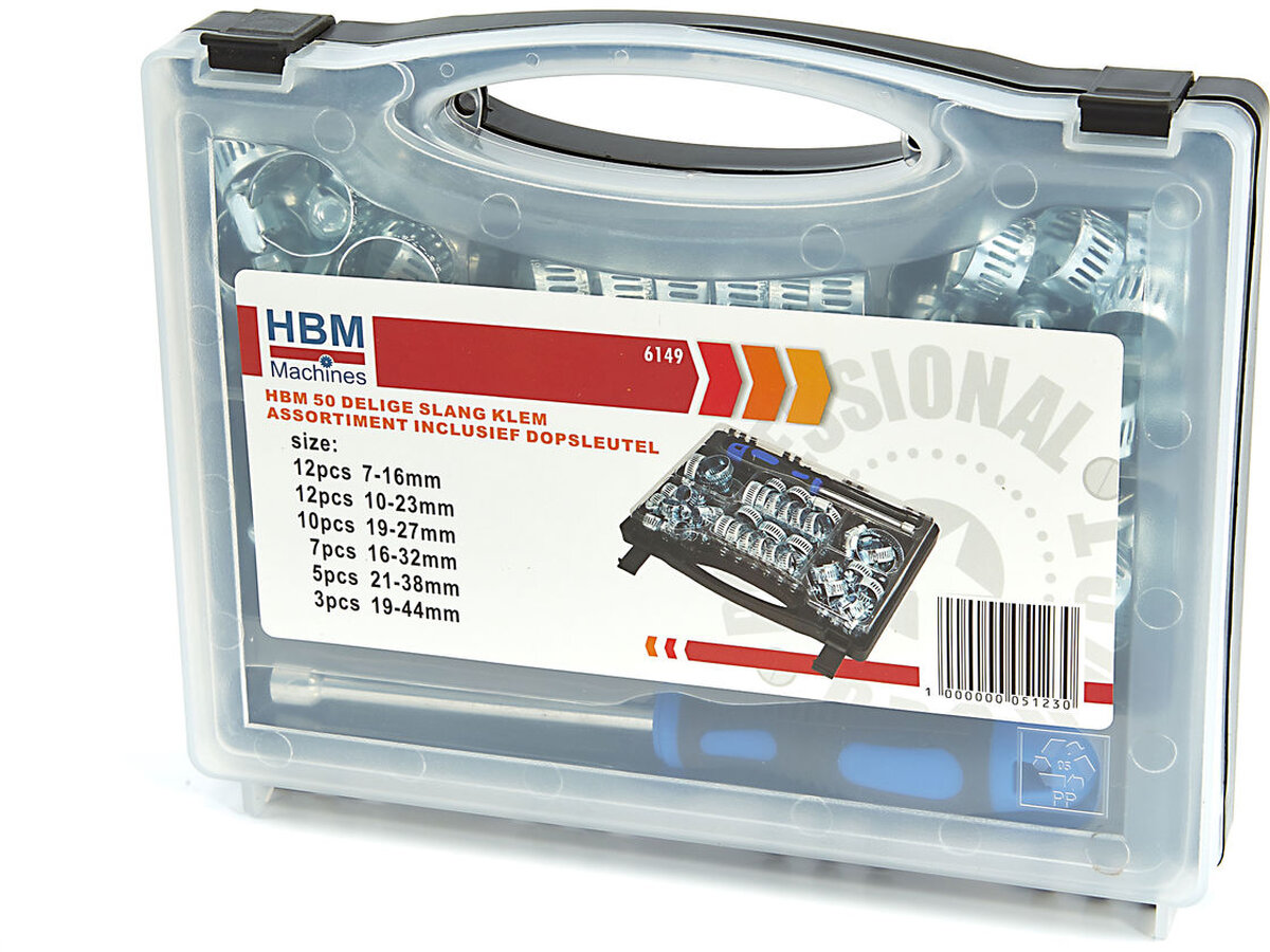 HBM 50-piece hose clamp assortment including socket wrench