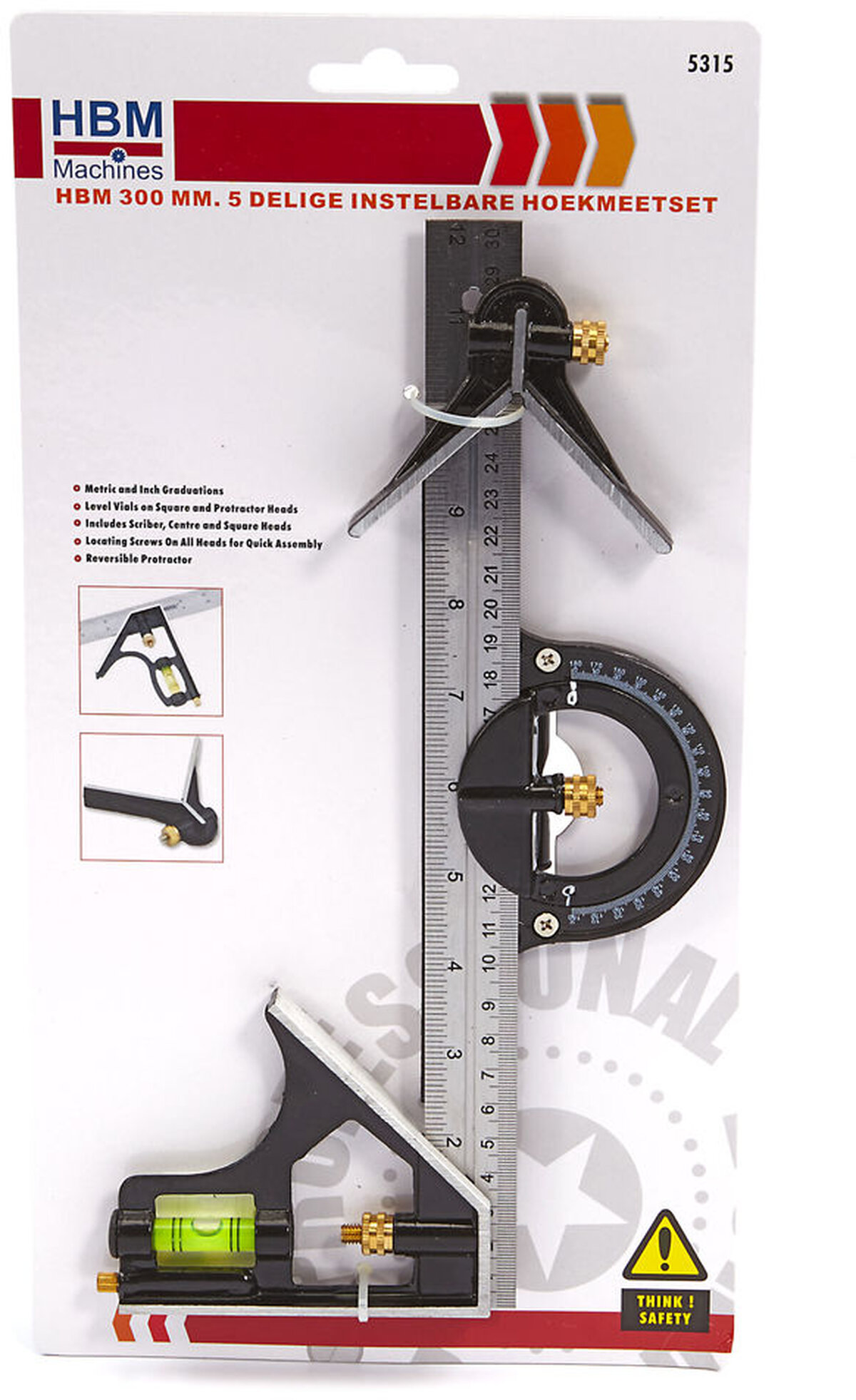 HBM 300 mm. 5-trinns justerbar vinkelmålesett