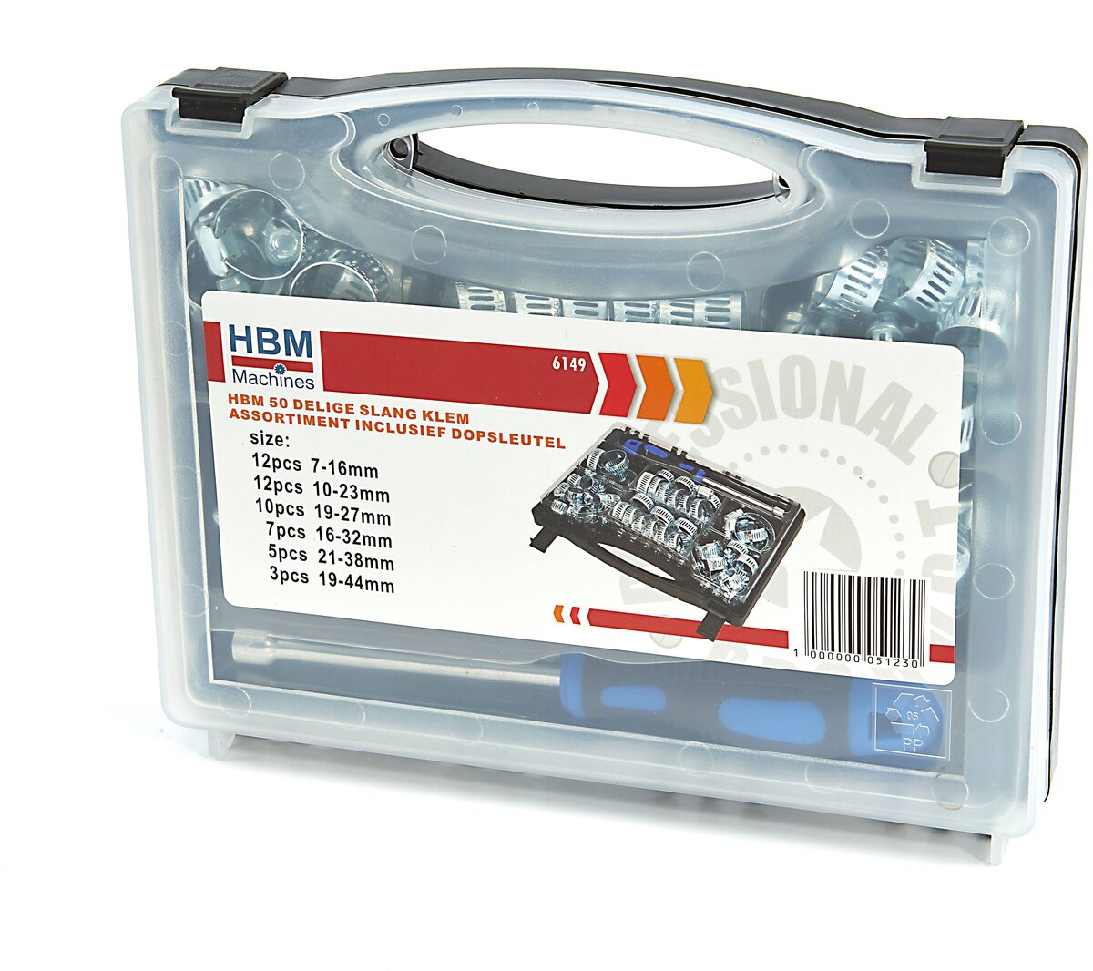 HBM 50-piece hose clamp assortment including socket wrench